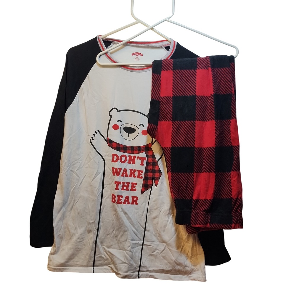 Holiday Time Women Pajama Set LG Dont Wake Bear Plaid Long Sleeve Pant Sleepwear